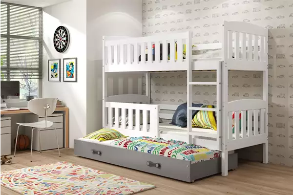 Visualizzazione per Letto per ragazzi a tre posti KUBUŚ 90X200 con materasso e cassetto, bianco/grafite Visualizzazione per Letto per ragazzi a tre posti KUBUŚ 90X200 con materasso e cassetto, bianco/grafite