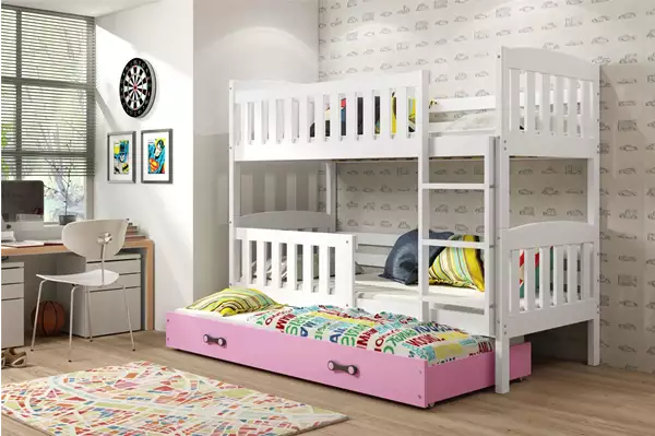 Visualizzazione per Letto per ragazzi a tre posti KUBUŚ 90X200 con materasso e cassetto, bianco/rosa Visualizzazione per Letto per ragazzi a tre posti KUBUŚ 90X200 con materasso e cassetto, bianco/rosa