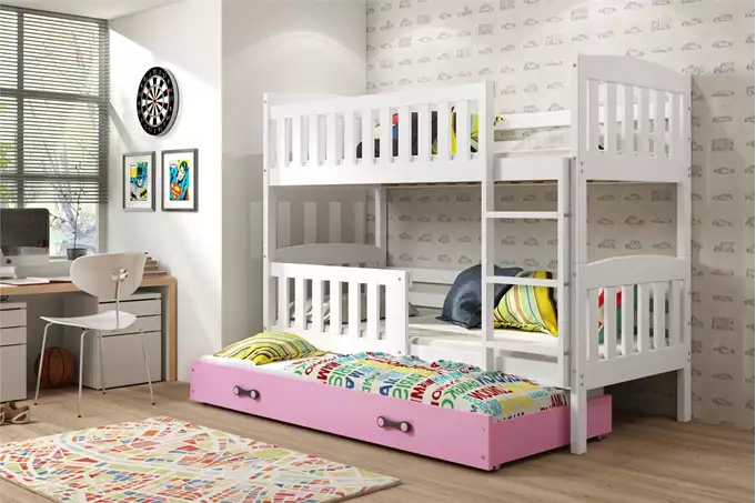 Visualizzazione per Letto per ragazzi a tre posti KUBUŚ 90X200 con materasso e cassetto, bianco/rosa