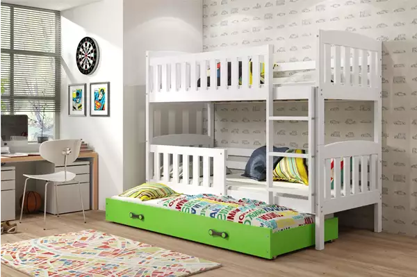 Visualizzazione per Letto per ragazzi a tre posti KUBUŚ 90x200 con materasso e cassetto, bianco/verde Visualizzazione per Letto per ragazzi a tre posti KUBUŚ 90x200 con materasso e cassetto, bianco/verde