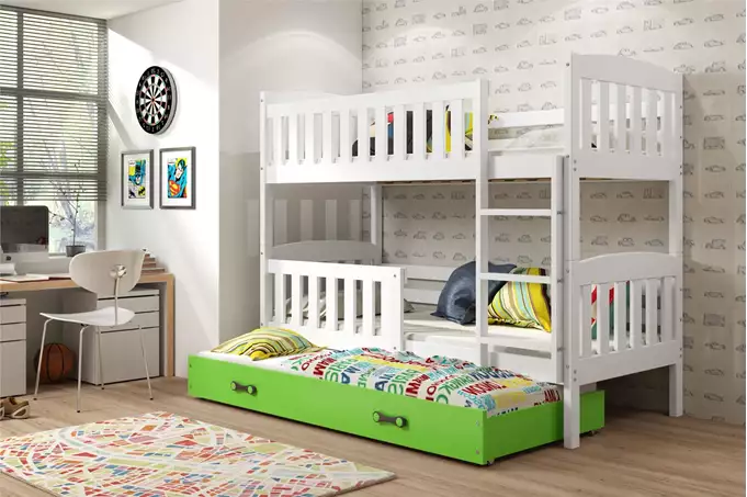 Visualizzazione per Letto per ragazzi a tre posti KUBUŚ 90x200 con materasso e cassetto, bianco/verde