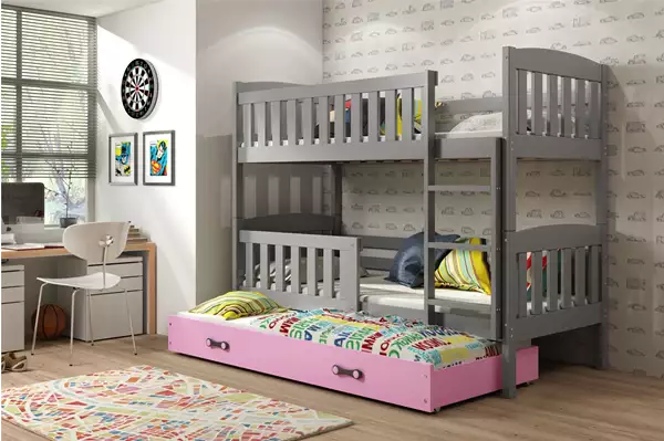 Visualizzazione per Letto per ragazzi a tre posti KUBUŚ 90x200 con materasso e cassetto, grafite/rosa Visualizzazione per Letto per ragazzi a tre posti KUBUŚ 90x200 con materasso e cassetto, grafite/rosa