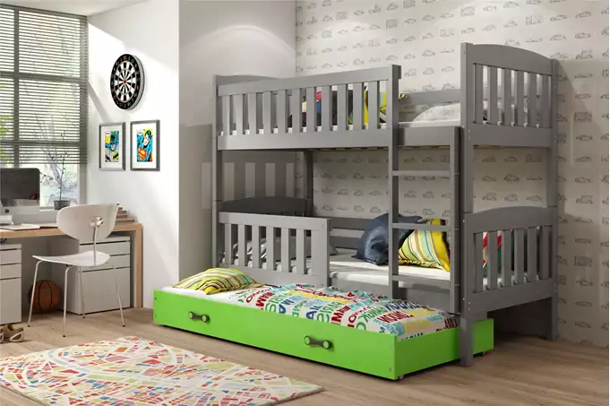 Visualizzazione per Letto per ragazzi a tre posti KUBUŚ 90X200 con materasso e cassetto, grafite/verde