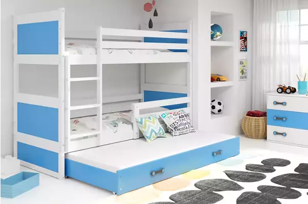 Visualizzazione per Letto per ragazzi a tre posti RICO 90X190 con cassetto, bianco/blu Visualizzazione per Letto per ragazzi a tre posti RICO 90X190 con cassetto, bianco/blu