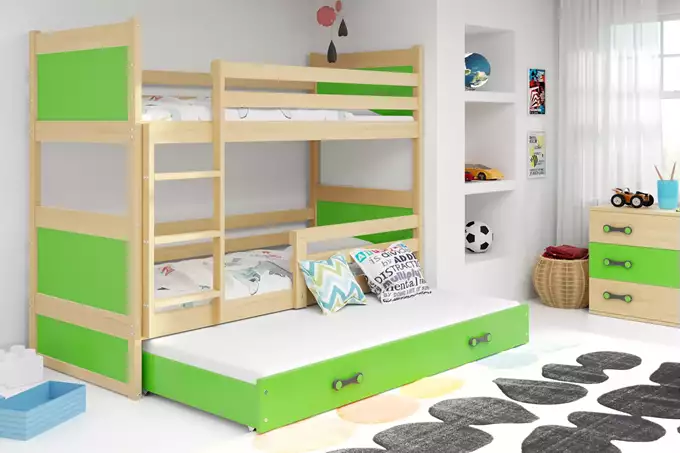 Visualizzazione per Letto per ragazzi a tre posti RICO 90X190 con cassetto, pino/verde