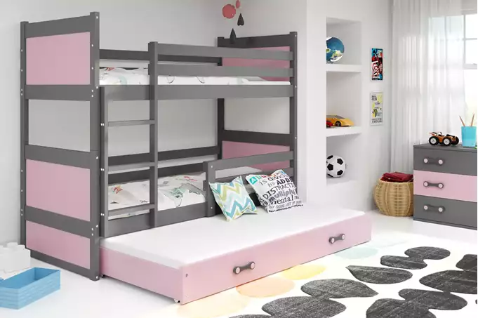 Visualizzazione per Letto per ragazzi a tre posti RICO 90X190 con materasso e cassetto, grafite/rosa