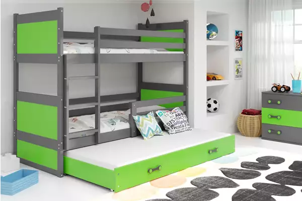 Visualizzazione per Letto per ragazzi a tre posti RICO 90x190 con materasso e cassetto, grafite/verde Visualizzazione per Letto per ragazzi a tre posti RICO 90x190 con materasso e cassetto, grafite/verde
