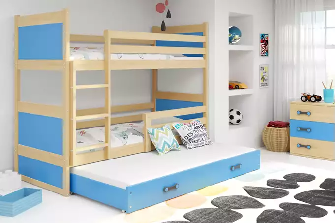 Visualizzazione per Letto per ragazzi a tre posti RICO 90X200 con cassetto, pino/blu