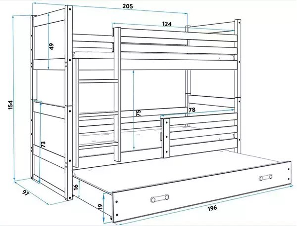 Misura del Letto per ragazzi a tre posti RICO 90X200 con materasso e cassetto, bianco/blu