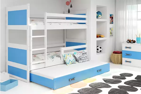 Visualizzazione per Letto per ragazzi a tre posti RICO 90X200 con materasso e cassetto, bianco/blu