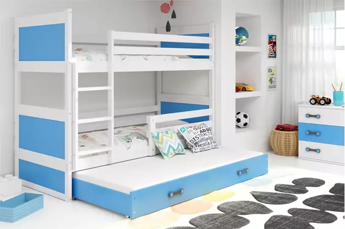 Visualizzazione per Letto per ragazzi a tre posti RICO 90X200 con materasso e cassetto, bianco/blu