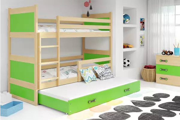 Visualizzazione per Letto per ragazzi a tre posti RICO 90x200 con materasso e cassetto, pino/verde Visualizzazione per Letto per ragazzi a tre posti RICO 90x200 con materasso e cassetto, pino/verde