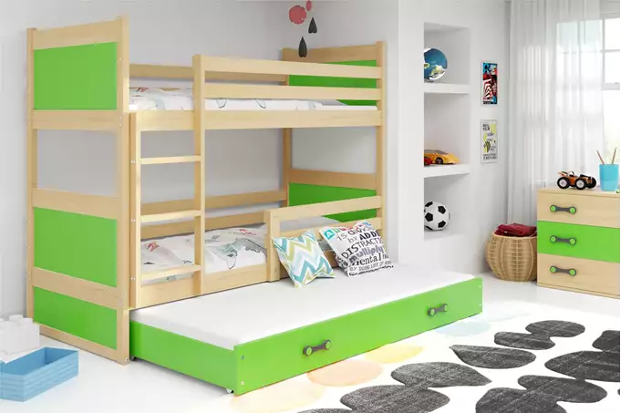 Visualizzazione per Letto per ragazzi a tre posti RICO 90x200 con materasso e cassetto, pino/verde