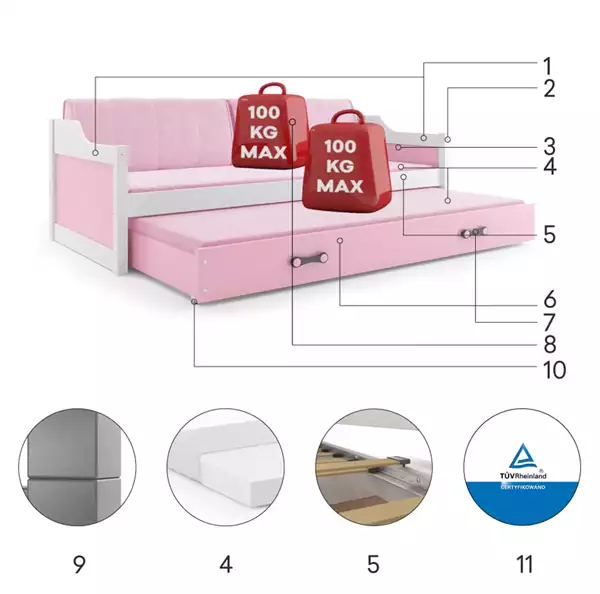 Componenti del Letto per ragazzi estraibile DAWID 90X200 con materasso e cassetto, bianco/rosa Componenti del Letto per ragazzi estraibile DAWID 90X200 con materasso e cassetto, bianco/rosa