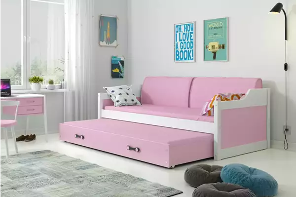 Visualizzazione per Letto per ragazzi estraibile DAWID 90X200 con materasso e cassetto, bianco/rosa Visualizzazione per Letto per ragazzi estraibile DAWID 90X200 con materasso e cassetto, bianco/rosa