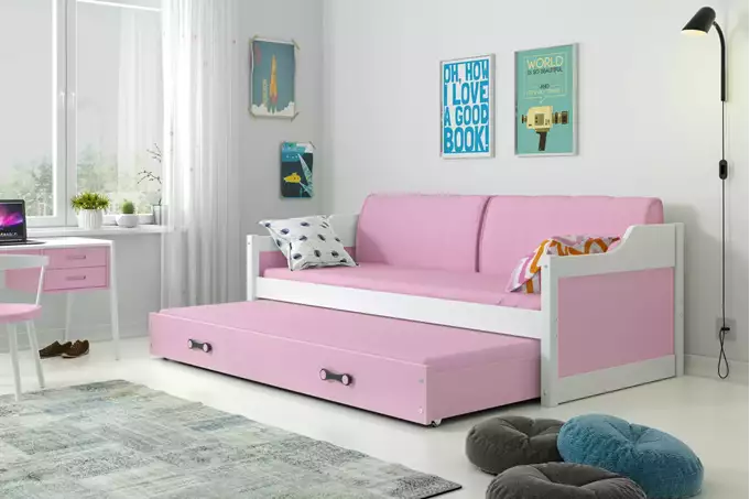 Visualizzazione per Letto per ragazzi estraibile DAWID 90X200 con materasso e cassetto, bianco/rosa