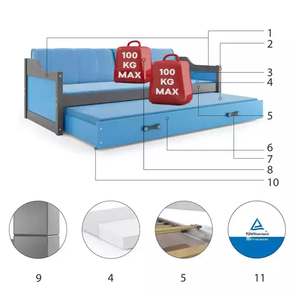 Componenti del Letto per ragazzi estraibile DAWID 90X200 con materasso e cassetto, grafite/blu Componenti del Letto per ragazzi estraibile DAWID 90X200 con materasso e cassetto, grafite/blu