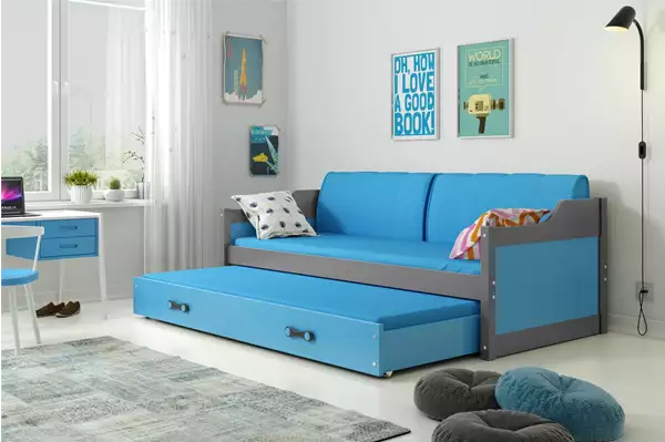 Visualizzazione per Letto per ragazzi estraibile DAWID 90X200 con materasso e cassetto, grafite/blu Visualizzazione per Letto per ragazzi estraibile DAWID 90X200 con materasso e cassetto, grafite/blu
