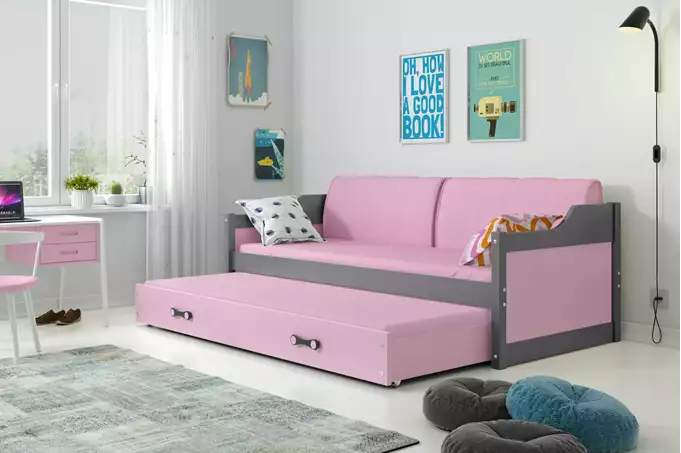 Visualizzazione per Letto per ragazzi estraibile DAWID 90X200 con materasso e cassetto, grafite/rosa