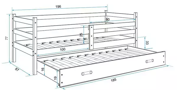 Misura del Letto per ragazzi estraibile ERYK 80X190 con cassetto, pino/bianco Misura del Letto per ragazzi estraibile ERYK 80X190 con cassetto, pino/bianco