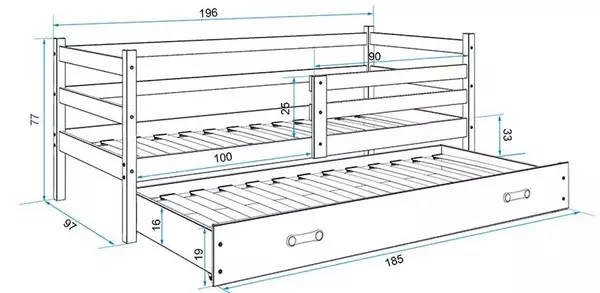Misura del Letto per ragazzi estraibile ERYK 90X190 con cassetto, bianco/rosa