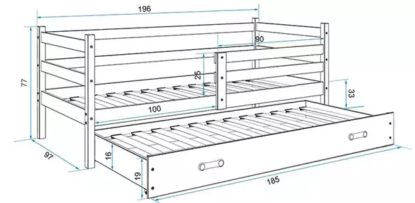Misura del Letto per ragazzi estraibile ERYK 90x190 con materasso e cassetto, pino/rosa Misura del Letto per ragazzi estraibile ERYK 90x190 con materasso e cassetto, pino/rosa