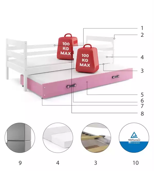 Componenti del Letto per ragazzi estraibile ERYK 90x200 con cassetto, bianco/rosa