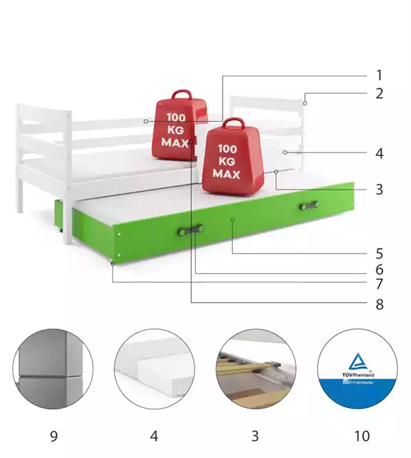Componenti del Letto per ragazzi estraibile ERYK 90x200 con cassetto, bianco/verde Componenti del Letto per ragazzi estraibile ERYK 90x200 con cassetto, bianco/verde