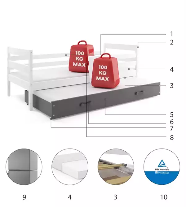 Componenti del Letto per ragazzi estraibile ERYK 90X200 con materasso e cassetto, bianco/grafite Componenti del Letto per ragazzi estraibile ERYK 90X200 con materasso e cassetto, bianco/grafite