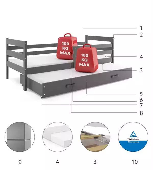 Componenti del Letto per ragazzi estraibile ERYK 90X200 con materasso e cassetto, grafite Componenti del Letto per ragazzi estraibile ERYK 90X200 con materasso e cassetto, grafite