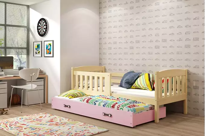 Visualizzazione per Letto per ragazzi estraibile KUBUŚ 80x190 con materasso e cassetto, pino/rosa