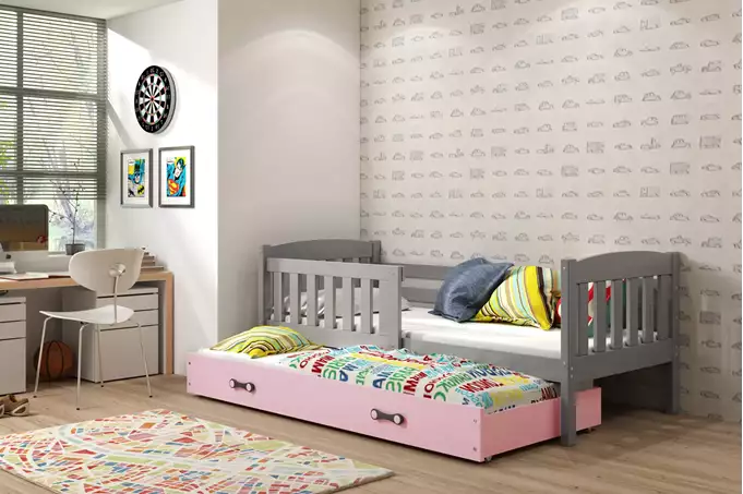 Visualizzazione per Letto per ragazzi estraibile KUBUŚ 90x190 con materasso e cassetto, grafite/rosa