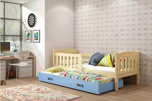 Visualizzazione per Letto per ragazzi estraibile KUBUŚ 90X190 con materasso e cassetto, pino/blu Visualizzazione per Letto per ragazzi estraibile KUBUŚ 90X190 con materasso e cassetto, pino/blu