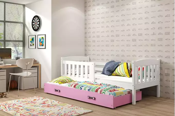 Visualizzazione per Letto per ragazzi estraibile KUBUŚ 90X200 con cassetto, bianco/rosa
