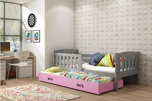 Visualizzazione per Letto per ragazzi estraibile KUBUŚ 90X200 con materasso e cassetto, grafite/rosa Visualizzazione per Letto per ragazzi estraibile KUBUŚ 90X200 con materasso e cassetto, grafite/rosa