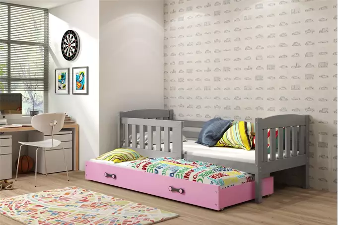 Visualizzazione per Letto per ragazzi estraibile KUBUŚ 90X200 con materasso e cassetto, grafite/rosa
