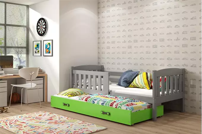 Visualizzazione per Letto per ragazzi estraibile KUBUŚ 90x200 con materasso e cassetto, grafite/verde