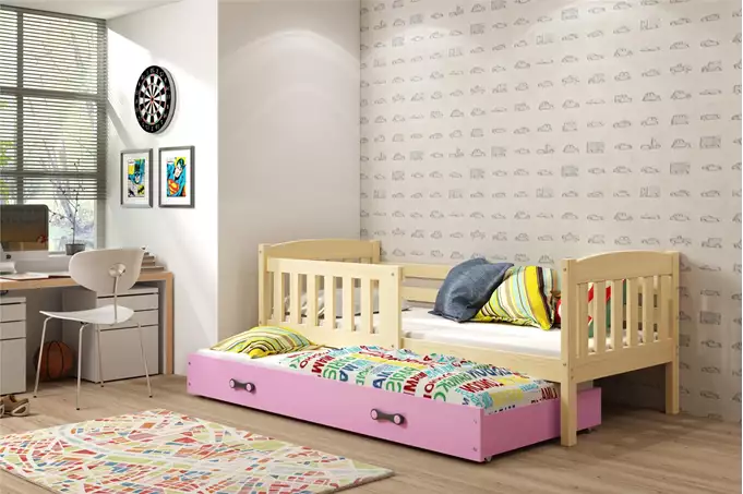 Visualizzazione per Letto per ragazzi estraibile KUBUŚ 90x200 con materasso e cassetto, pino/rosa