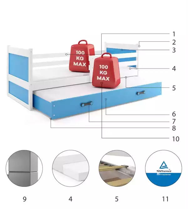 Componenti del Letto per ragazzi estraibile RICO 80x190 con cassetto, bianco/blu Componenti del Letto per ragazzi estraibile RICO 80x190 con cassetto, bianco/blu