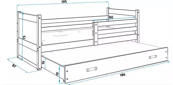 Misura del Letto per ragazzi estraibile RICO 80x190 con materasso e cassetto, pino/blu Misura del Letto per ragazzi estraibile RICO 80x190 con materasso e cassetto, pino/blu