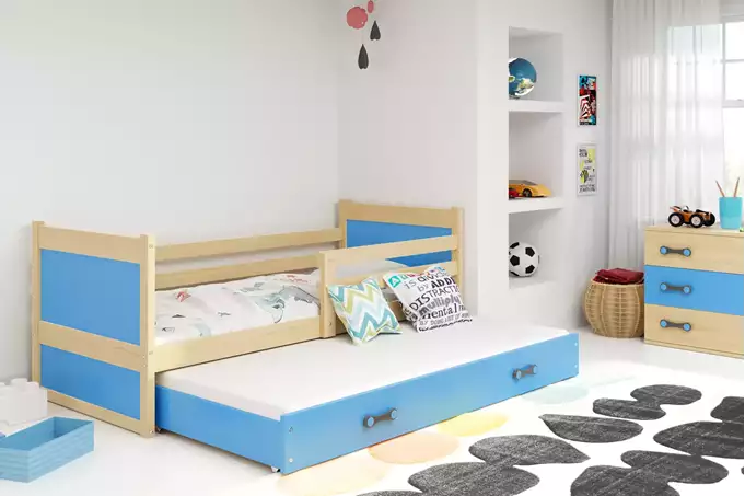 Visualizzazione per Letto per ragazzi estraibile RICO 80x190 con materasso e cassetto, pino/blu