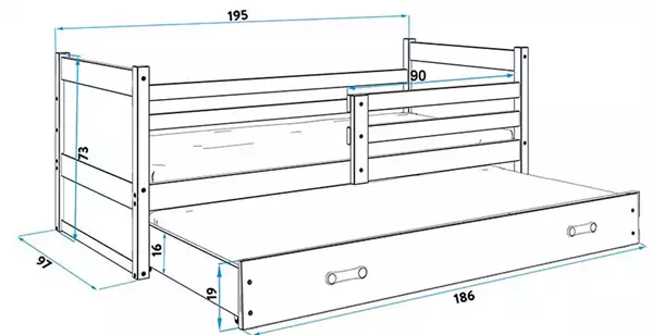 Misura del Letto per ragazzi estraibile RICO 90X190 con materasso e cassetto, pino/rosa Misura del Letto per ragazzi estraibile RICO 90X190 con materasso e cassetto, pino/rosa