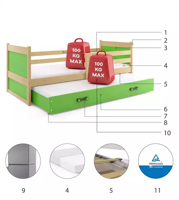 Componenti del Letto per ragazzi estraibile RICO 90x200 con cassetto, pino/verde