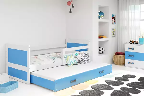 Visualizzazione per Letto per ragazzi estraibile RICO 90x200 con materasso e cassetto, bianco/blu Visualizzazione per Letto per ragazzi estraibile RICO 90x200 con materasso e cassetto, bianco/blu