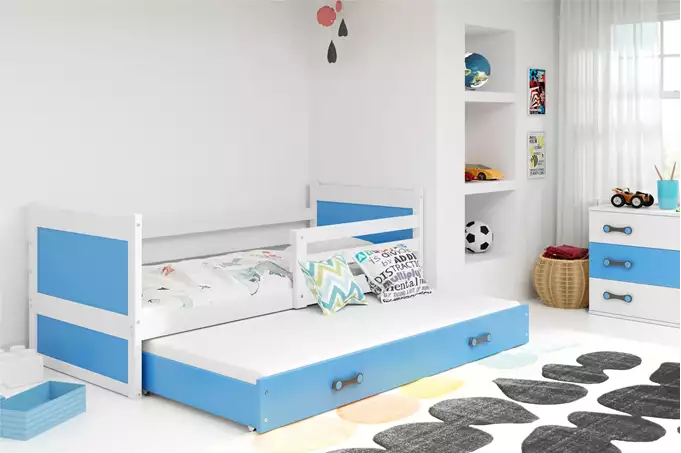 Visualizzazione per Letto per ragazzi estraibile RICO 90x200 con materasso e cassetto, bianco/blu
