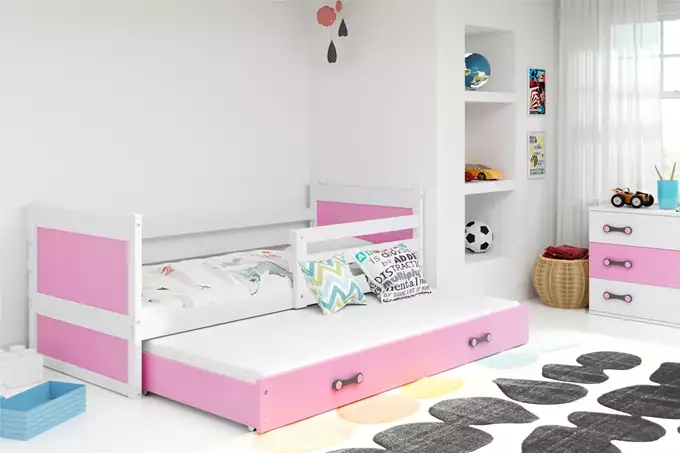 Visualizzazione per Letto per ragazzi estraibile RICO 90X200 con materasso e cassetto, bianco/rosa