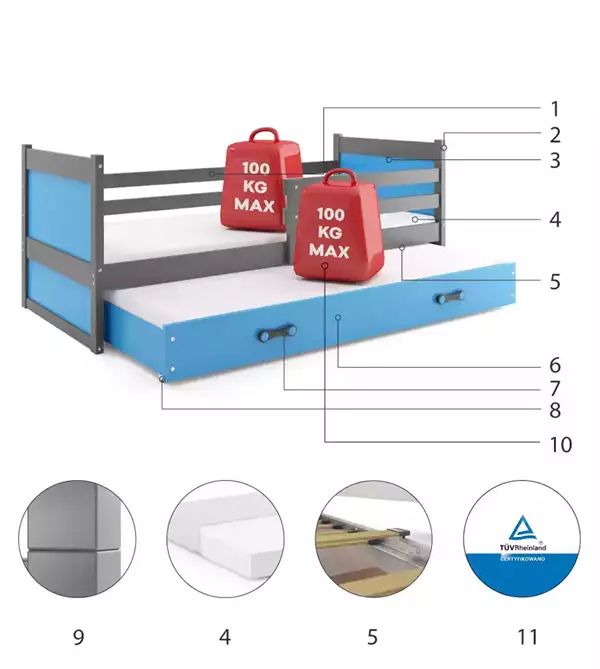 Componenti del Letto per ragazzi estraibile RICO 90x200 con materasso e cassetto, grafite/blu Componenti del Letto per ragazzi estraibile RICO 90x200 con materasso e cassetto, grafite/blu