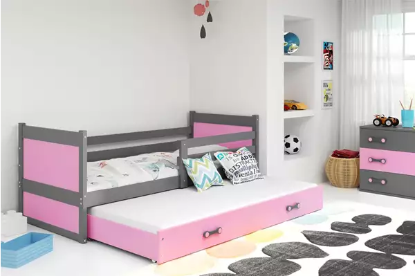 Visualizzazione per Letto per ragazzi estraibile RICO 90x200 con materasso e cassetto, grafite/rosa Visualizzazione per Letto per ragazzi estraibile RICO 90x200 con materasso e cassetto, grafite/rosa