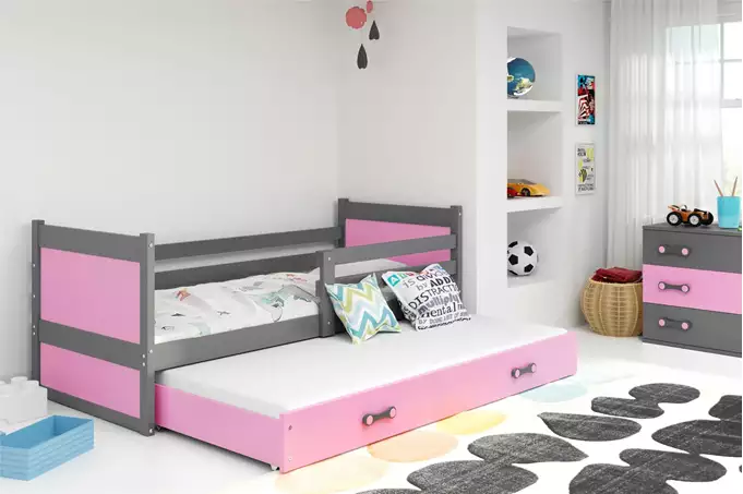 Visualizzazione per Letto per ragazzi estraibile RICO 90x200 con materasso e cassetto, grafite/rosa