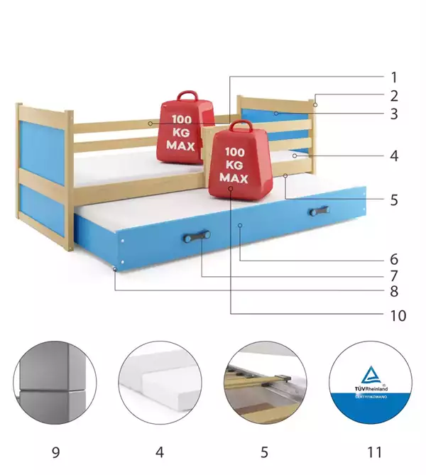 Componenti del Letto per ragazzi estraibile RICO 90x200 con materasso e cassetto, pino/blu